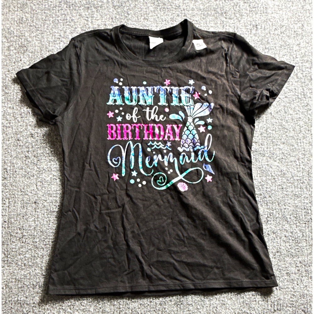 Port & Company Fan Favorite Ring Spun Aunt Mermaid Birthday Graphic Tee Black M